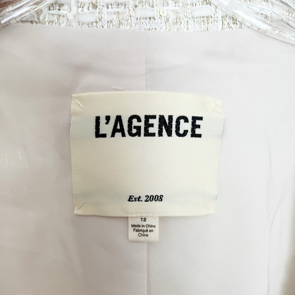 L’AGENCE Brooke Open Front Double Breasted White/Gold Tweed Blazer Size 12 - Picture 5 of 8